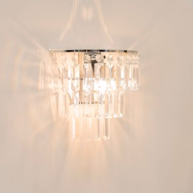 ValueLights Kelsks Pair of Chrome and Silver Wall Lights with Transparent Acrylic Jewel Droplets and Bulbs Included