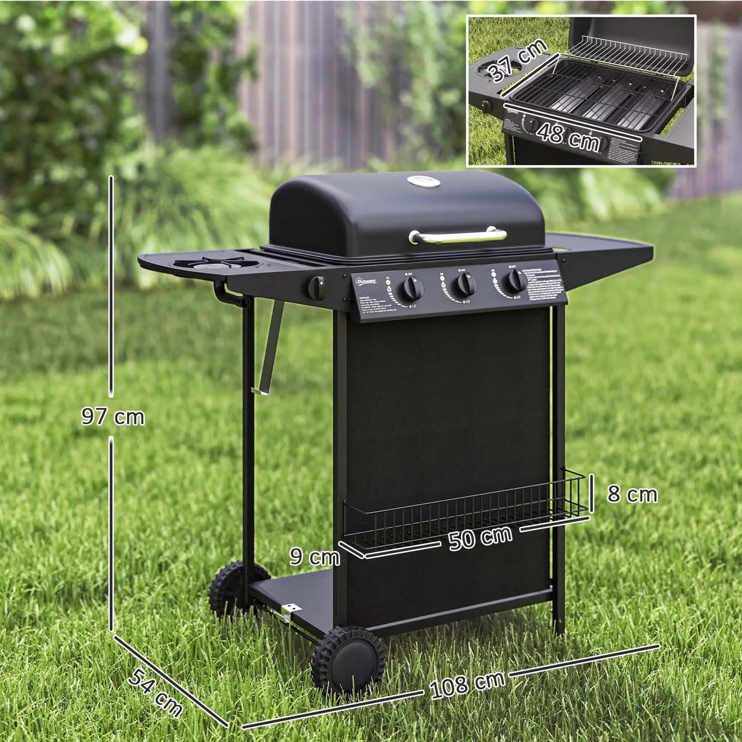 OUTSUNNY 4 Burner Portable Gas Barbecue Grill with Lid, Side Burner, Warming Rack and Thermometer, Black – 3