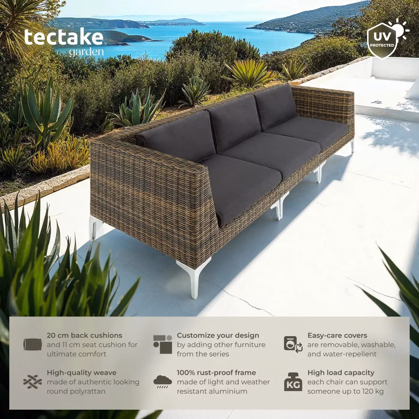 tectake Villanova Modular Rattan Left Corner Set in Dark Grey with Aluminium Frame – 2