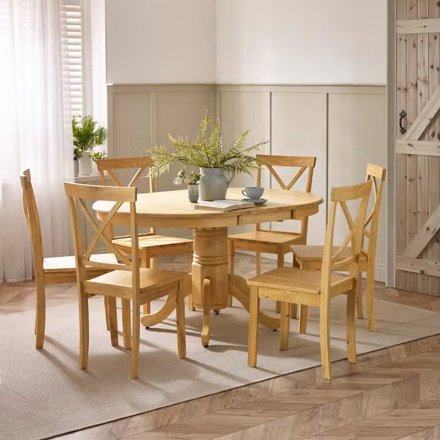 Furniturebox UK Padstow Round Extending Dining Table and 6 Millford Chairs in Brown Rubberwood