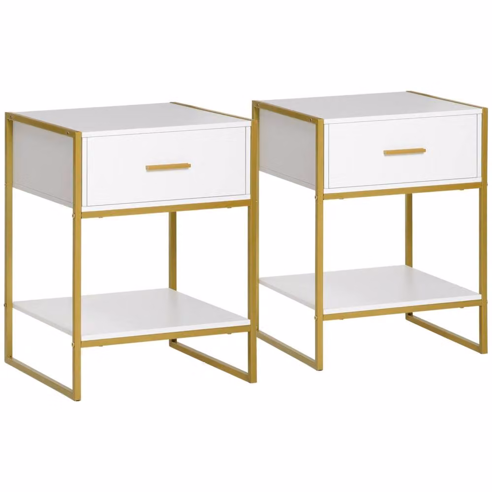 Wyld Haus Niva White and Gold Bedside Tables Set of 2 with Drawer and Shelf W/D/H: 40 x 45 x 60 cm – 2