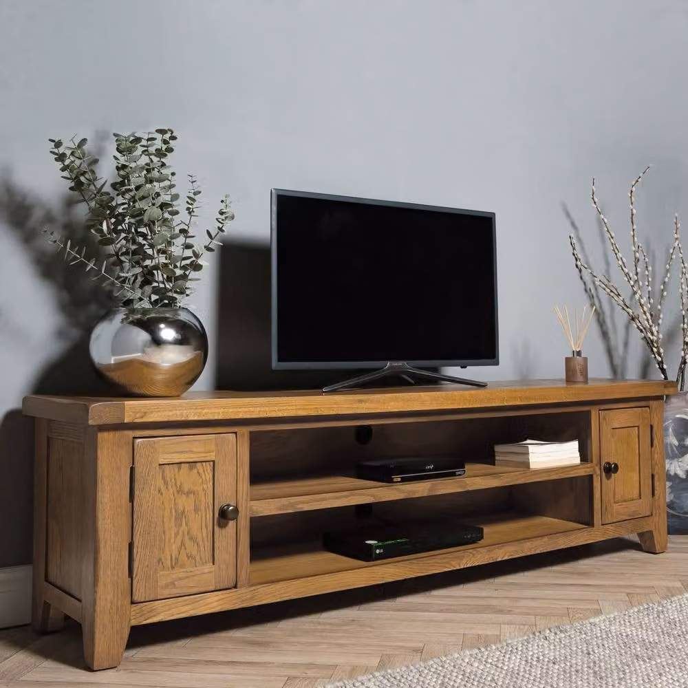 Elm Home And Garden Rustic Oak Large Wide Screen TV Media Unit in Light Oak, Width: 180 cm – 3