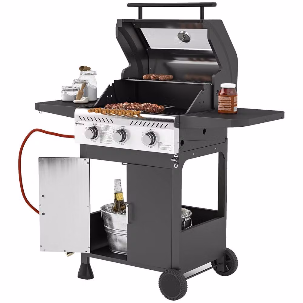 Rolipo 7.5kW Three Burner Gas BBQ Grill with See-Through Lid and Thermometer, Black – 2