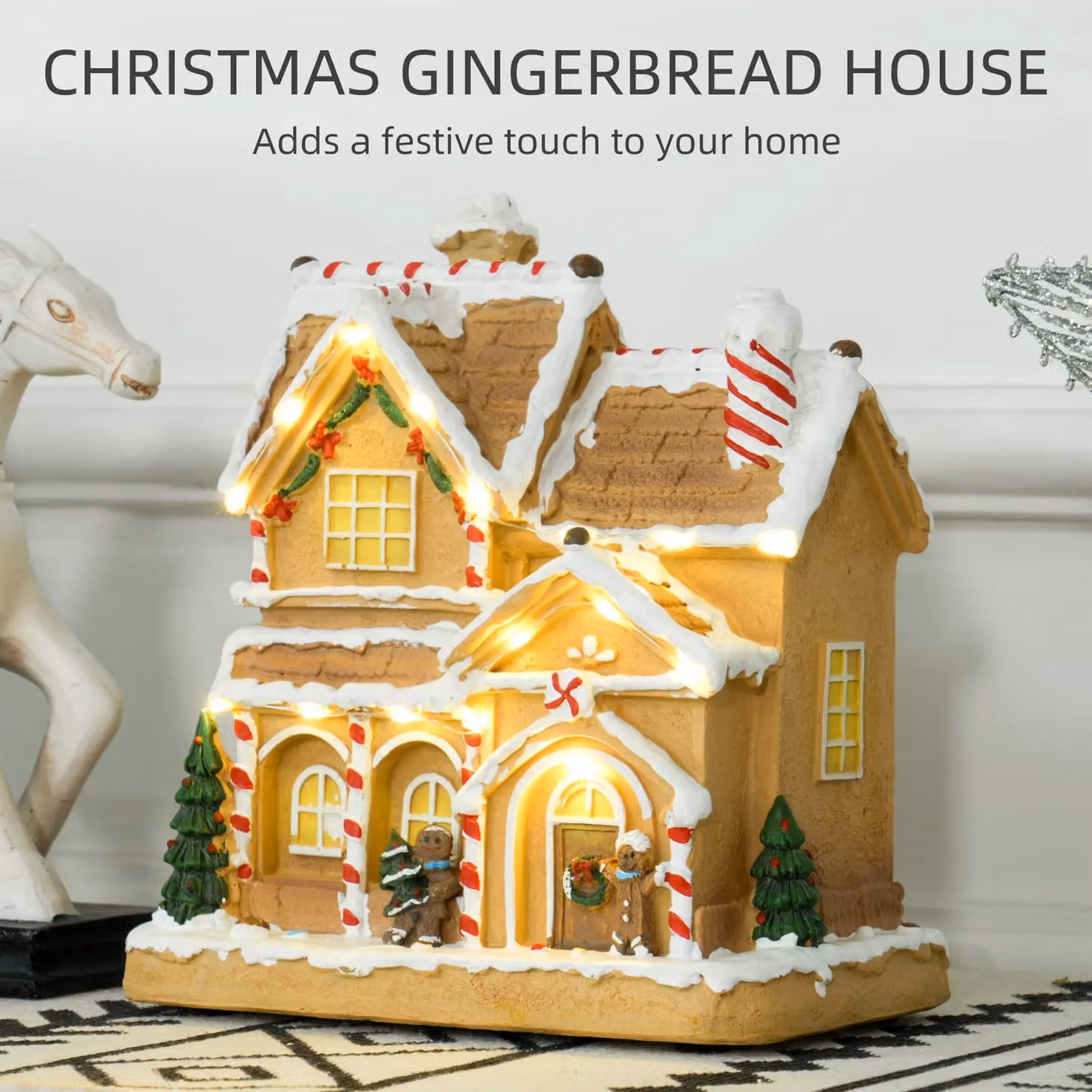 HOMCOM Lighted and Musical Christmas Candy House with Gingerbread Man in Brown and White – 3