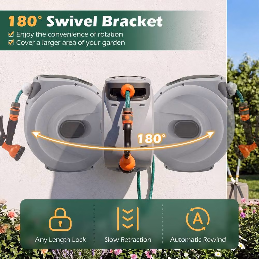 Kelvenix Grey Wall-Mounted Automatic Retractable Garden Hose Reel with 30m Hose and Wall Bracket – 3