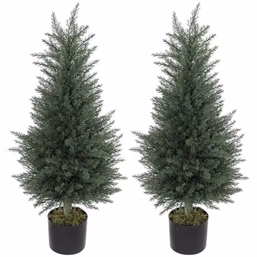HOMCOM Set of 2 Green Artificial Cypress Trees with Plastic Pots, Height: 90 cm