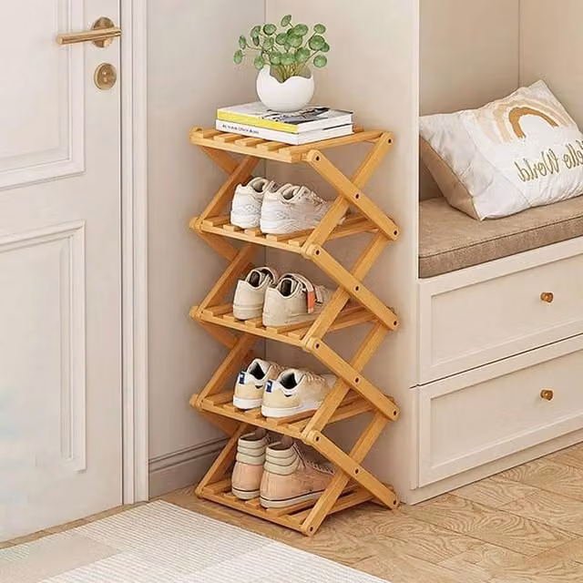 FORGEVIO 5-Tier Vertical Folding Bamboo Shoe Rack in Natural Brown