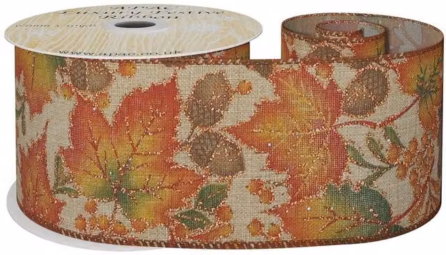 Kingsbury Gifts Autumn Themed Wired Ribbon with Leaves and Acorns, Multicolour and Orange, Width: 6.3 cm, Length: 9.14 m