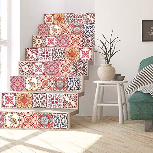 WALPLUS Moroccan Rose Red Mosaic Tile Stickers, 24 Pack, W/D/H: 15 x 15 x 0.25 cm, Waterproof Self Adhesive Decals for Kitchen and Bathroom Walls