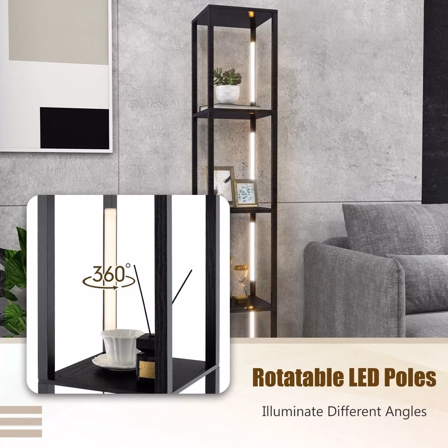 Costway Black Floor Lamp with Shelves and 3-Level Dimmable LED Bulbs, H 163 x W 29 x D 29 cm – 4