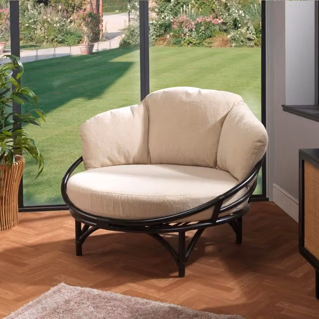 Desser Snug Rattan Lounge Chair in Beige Bouclé Fabric