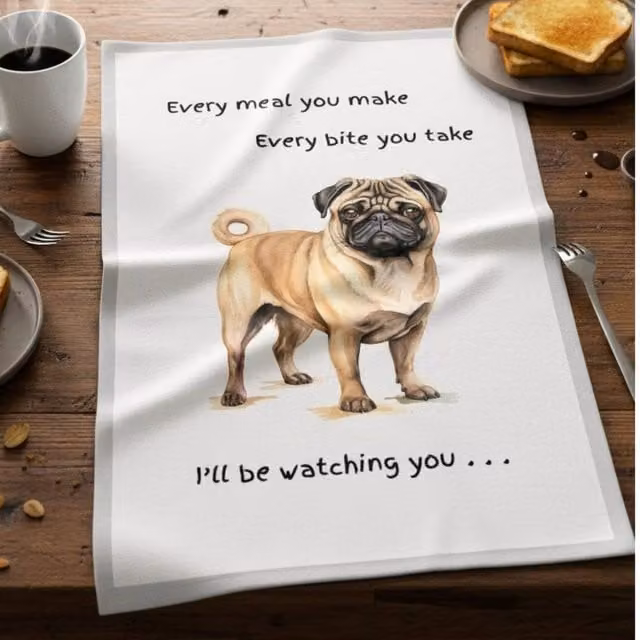 Animal Crackers Pug Dog Novelty Cotton Tea Towel, White – 1