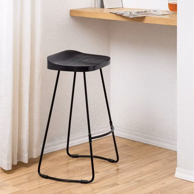 MH London Rombass Solid Mango Wood and Black Iron Kitchen Island Breakfast Counter Stool with Saddle Seat