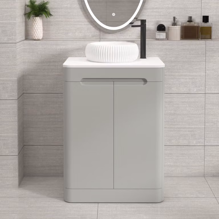 Royal Bathrooms Venice 600mm Floor Standing 2 Door Vanity Unit in Dove Grey with Plain White Worktop and Milan Basin