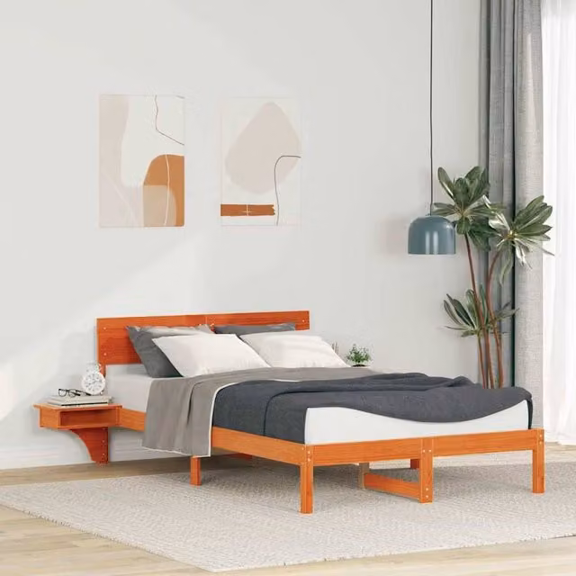 Berkfield Home Solid Pine Wood Bed Frame with Headboard in Wax Brown, W/D/H: 140 x 190 x 73 cm