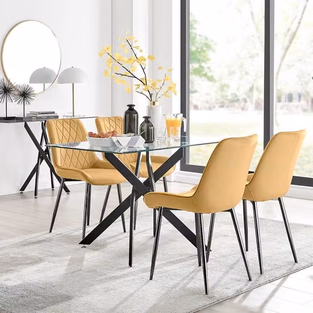 FurnitureboxUK Leonardo Glass Dining Table with 4 Pesaro Chairs in Mustard and Black