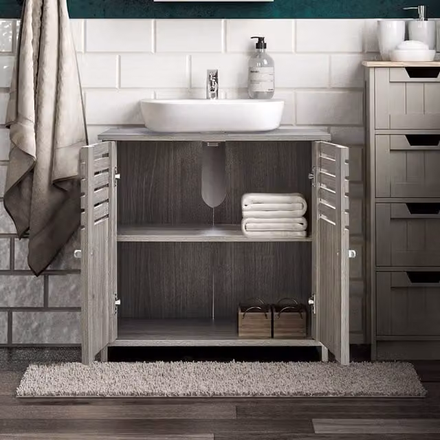 Livingandhome Grey Lacquered Freestanding Bathroom Vanity Sink Cabinet with Internal Shelves and Hinged Doors