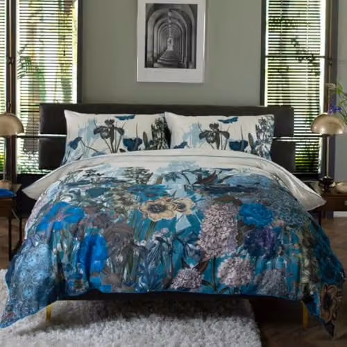 The Lyndon Company Tivoli Blue Floral 100% Cotton Duvet Cover Set with Button Fastening