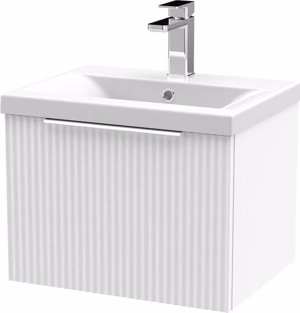 Balterley Fluted Wall Hung 1 Drawer Vanity Basin Unit and Basin, Satin White, Width: 50 cm – 1
