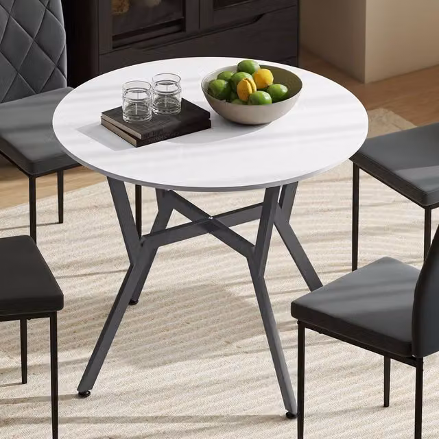 HOMCOM Round White Kitchen and Dining Table with Black Metal Legs – 1