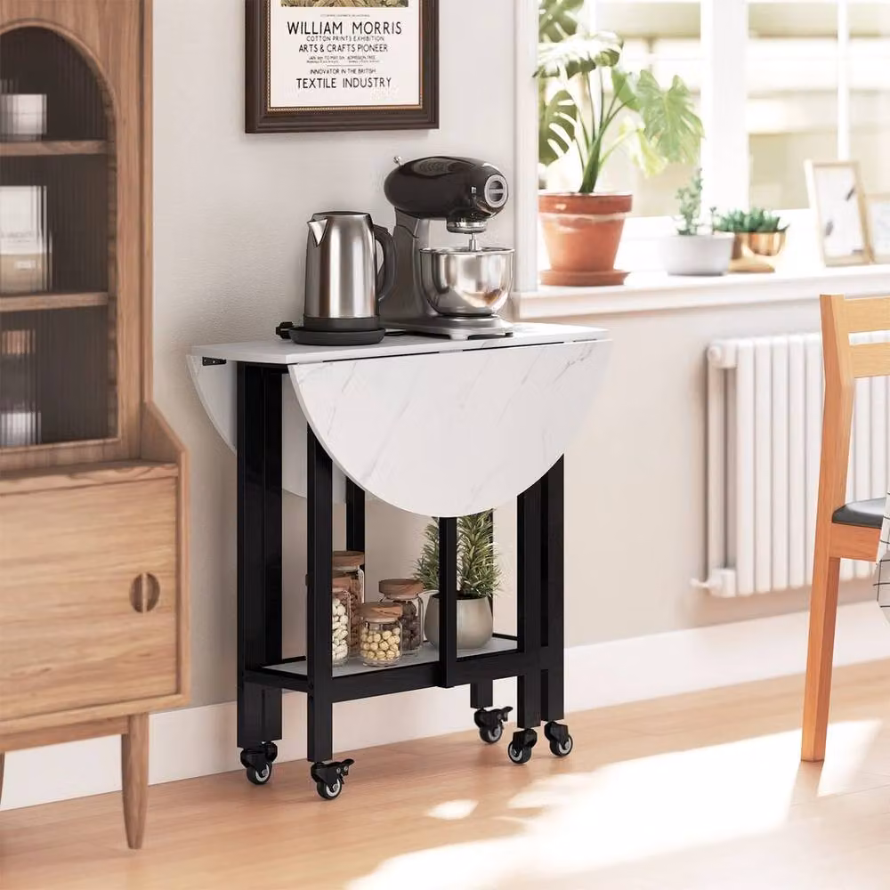NESTLUNE White Drop Leaf Folding Dining Table with Marble Effect Top – 4