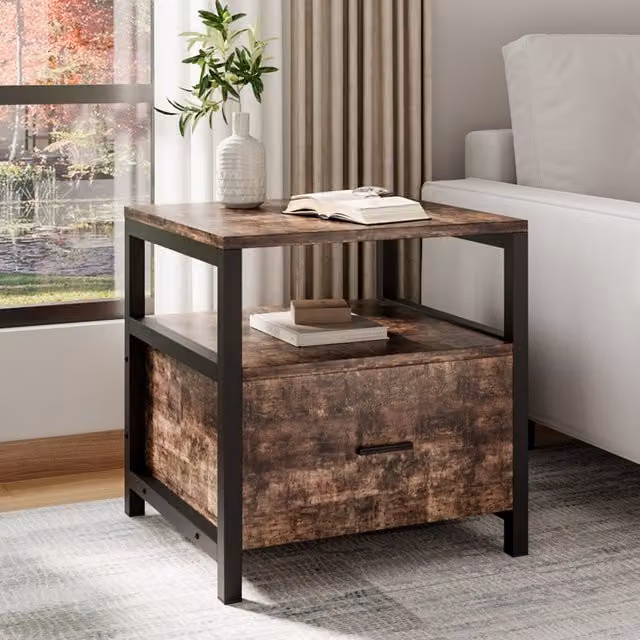 Komore Industrial Bedside Table with One Large Drawer in Brown and Black