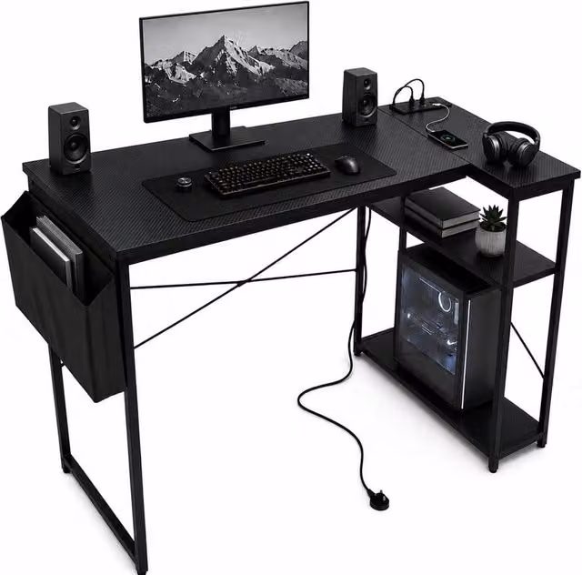 House of Home Reversible L-Shaped Carbon Fibre Gaming Desk with Built-In Sockets, Black, W: 100 cm, H: 75 cm
