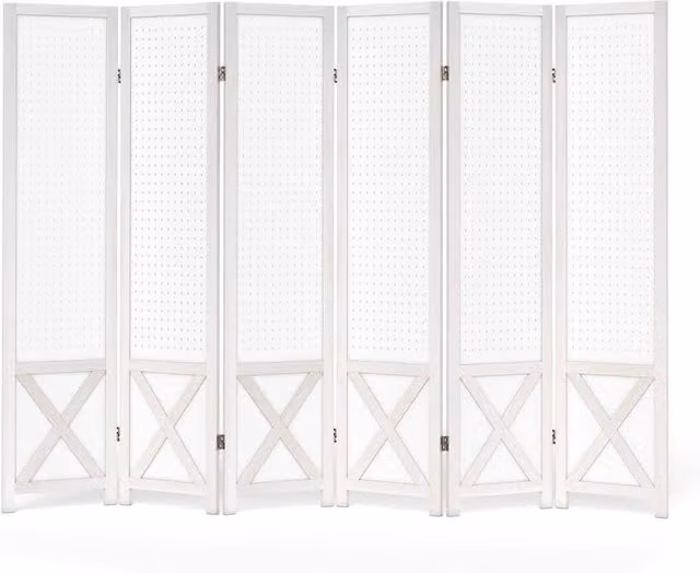 Kelvenix 6 Panel White Pegboard Room Divider Foldable Privacy Screen W/D/H: 246 x 170 x 6.0 cm
