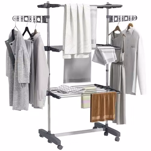 HOMCOM 3-Tier Foldable Clothes Airer with Wheels in Grey, W/D/H: 55 x 142 x 152 cm