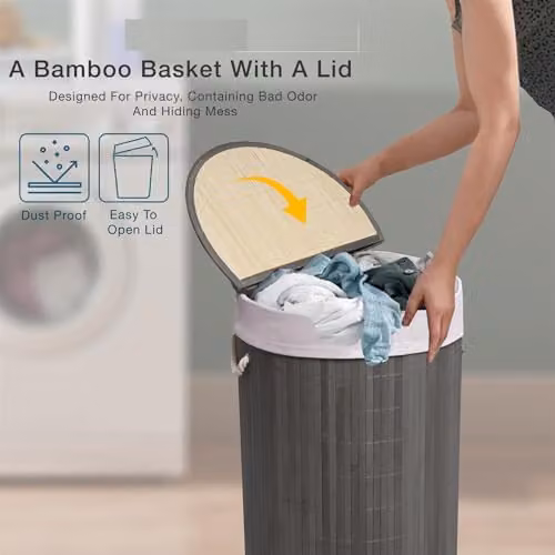 MantraRaj 50L Folding Bamboo Laundry Basket with Lid and Removable Washable Bag, Grey – 3