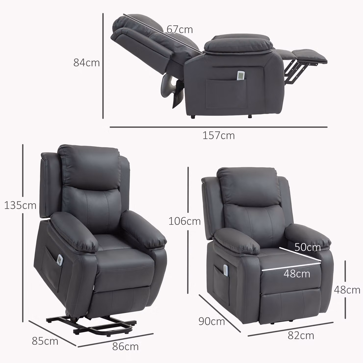 HOMCOM Dark Grey PU Leather Power Lift Riser and Recliner Chair with Vibration Massage for Seniors – 3