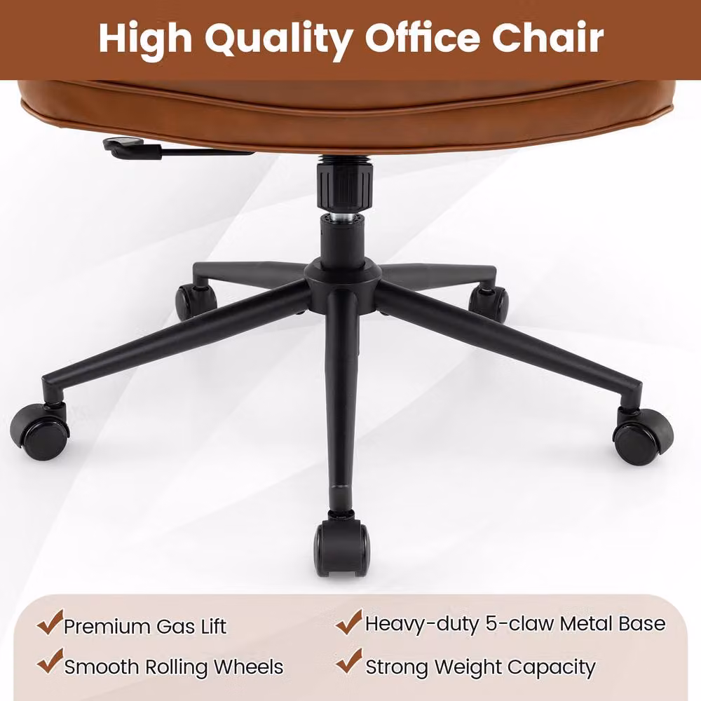 Gymax Brown Synthetic Leather Upholstered Office Chair with Tufted Seat, Headrest and Swivel Castors – 7