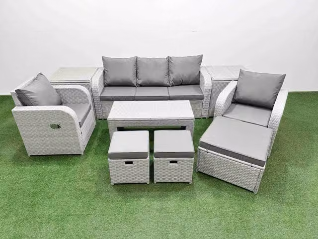 Fimous PE Rattan Garden Furniture Set in Light Grey with 3-Seater Sofa, Reclining Armchair, Coffee Table, 2 Side Tables, 3 Stools and Matching Ottoman