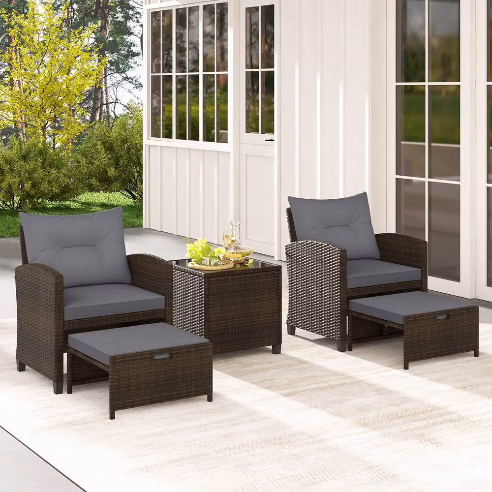 Gymax 5 Piece Grey Rattan Patio Furniture Set with Cushioned Wicker Chairs – 6
