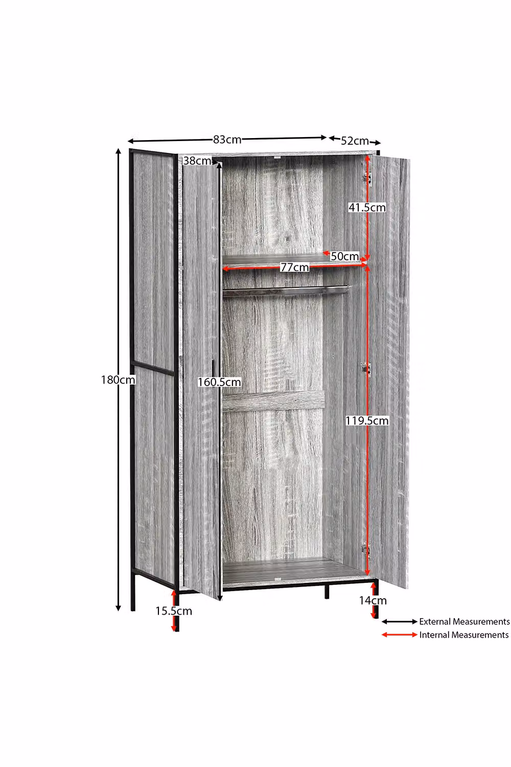 Vida Designs Brooklyn 2 Door Wardrobe in Grey, W/D/H: 180 x 83 x 52 cm – 3