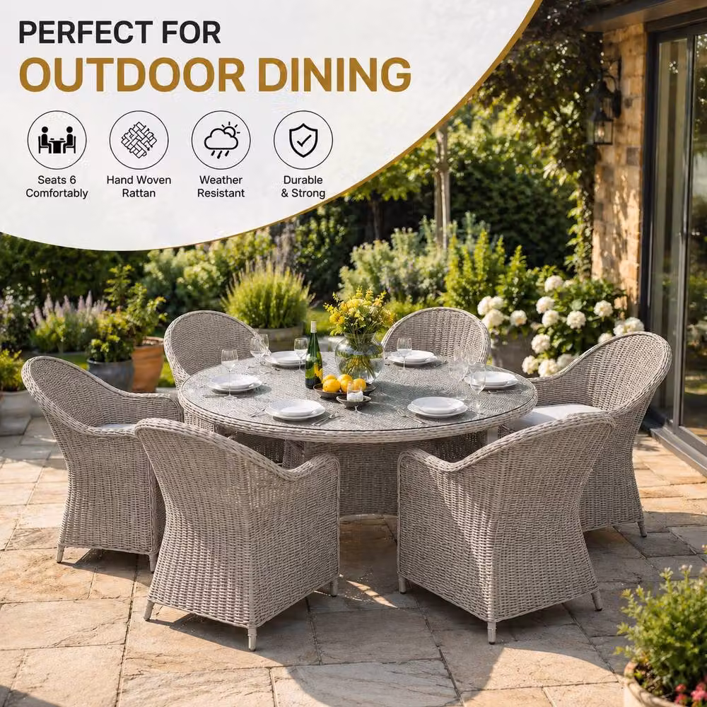 Shatchi Sorrento 6-Seater Rattan Dining Set, Round Polyrattan Garden Table and Chairs in Grey, W/D/H: 140 x 140 x 73 cm – 2