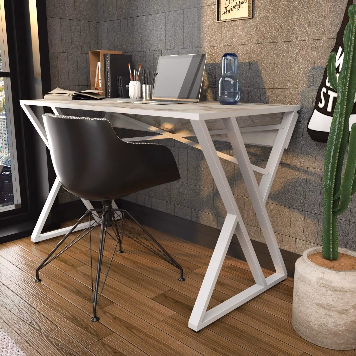 Decorotika Gyza Computer Desk with White Marble Effect MDF Top and White Metal X-Frame Legs – 2