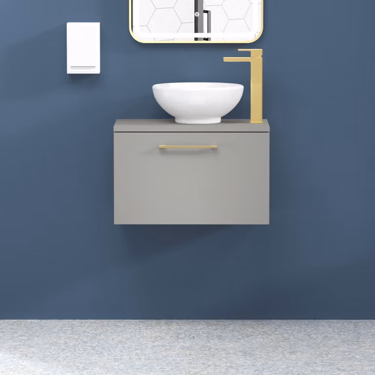 Royal Bathrooms Breeze Modena 800mm Wall Hung Vanity Unit in Satin Grey with 1 Drawer, Brushed Brass Handle and Countertop Basin