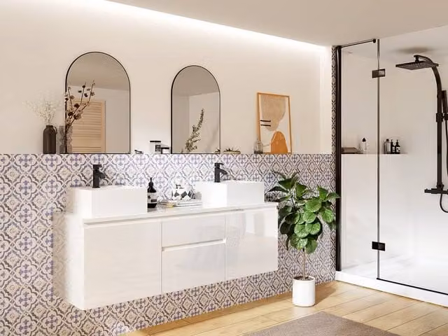 Vente-unique Wall-Mounted Double Washbasin Vanity Unit in White, W: 150 cm, D: 50 cm, H: 46 cm