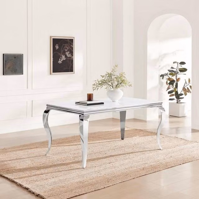 FurnitureboxUK Skye Rectangular 6 Seater Dining Table with White Marble Glass and Metal Design in White, Grey and Silver