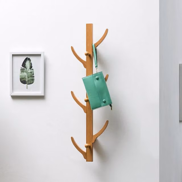Livingandhome Wall-Mounted Tree Coat Rack with 12 Hooks in Brown Bamboo, Height: 84 cm