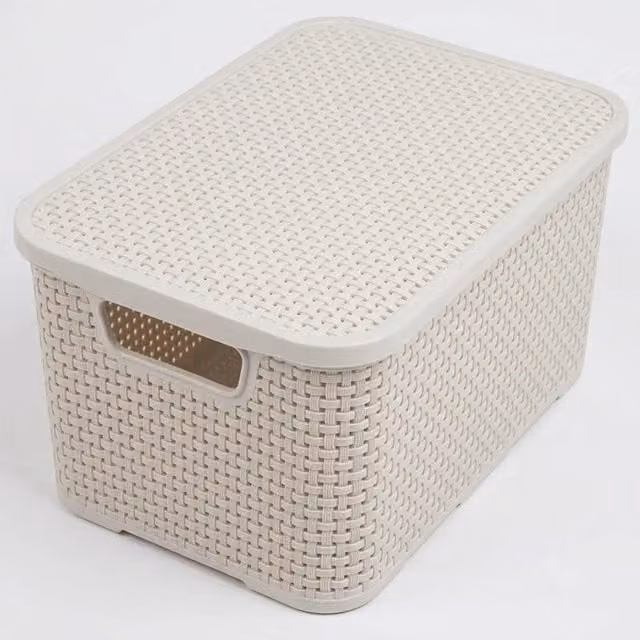 Storm Trading Group Beige Rattan Style Plastic Storage Basket with Lid