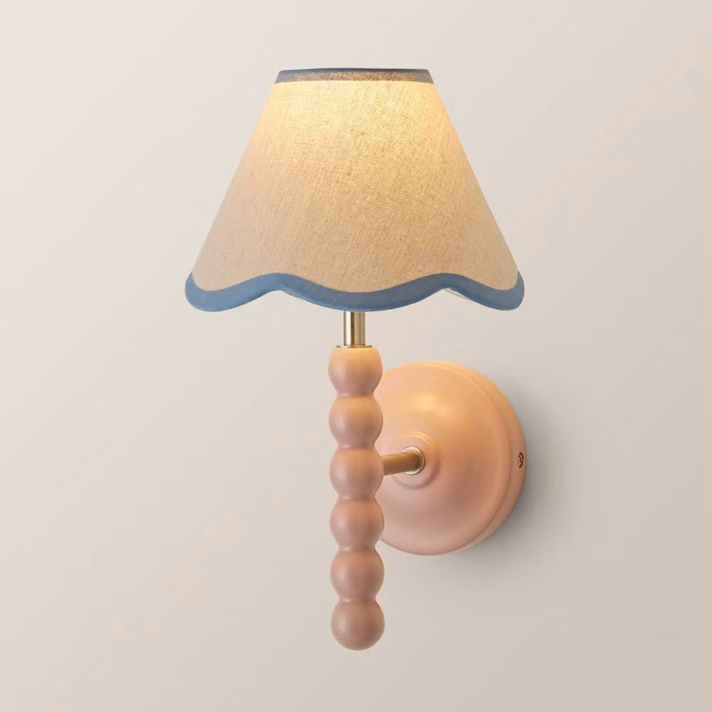 ValueLights Bobbins Rose Pink Wall Light with Blue Fabric Scallop Shade and LED Bulb – 2