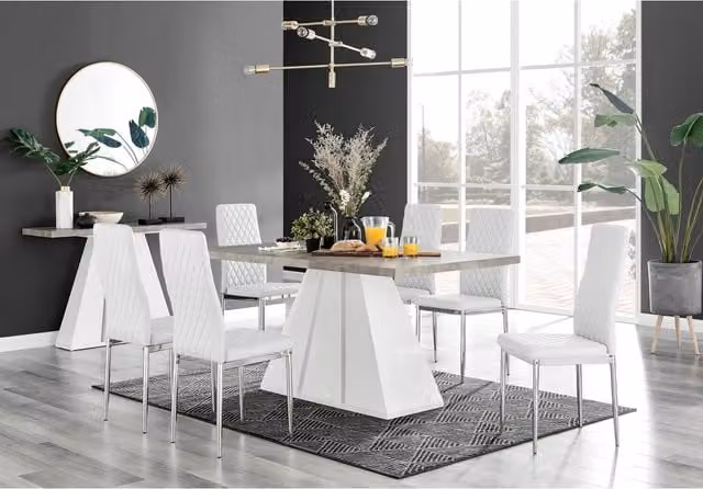 FurnitureboxUK Athens Grey Concrete Rectangular Kitchen Dining Table and 6 Milan Chrome Leg Chairs in White