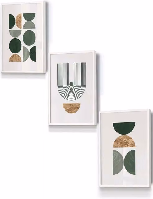 ARTZE Mid Century Geometric Abstract Framed Wall Art in Green, Gold and White, W: 33 cm, H: 45 cm, D: 0.2 cm
