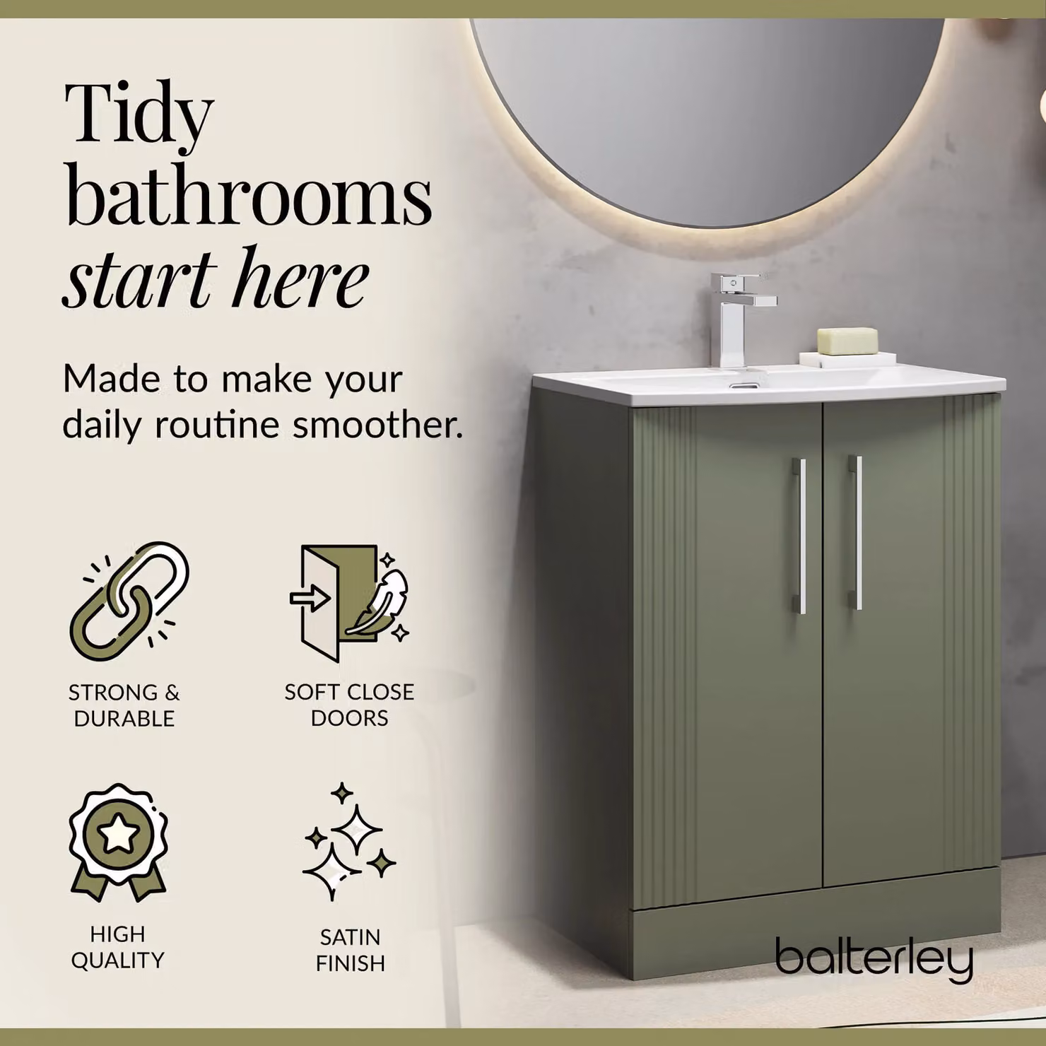 Balterley 2 Door Floor Standing Bathroom Vanity Unit with Curved Basin, Satin Green, W/D/H: 60 x 40 x 84 cm – 3