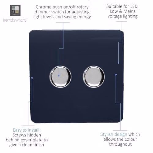 Trendi Modern Glossy Tactile 2 Gang 2 Way 120w LED Dimmer Switch in Navy Blue – 3