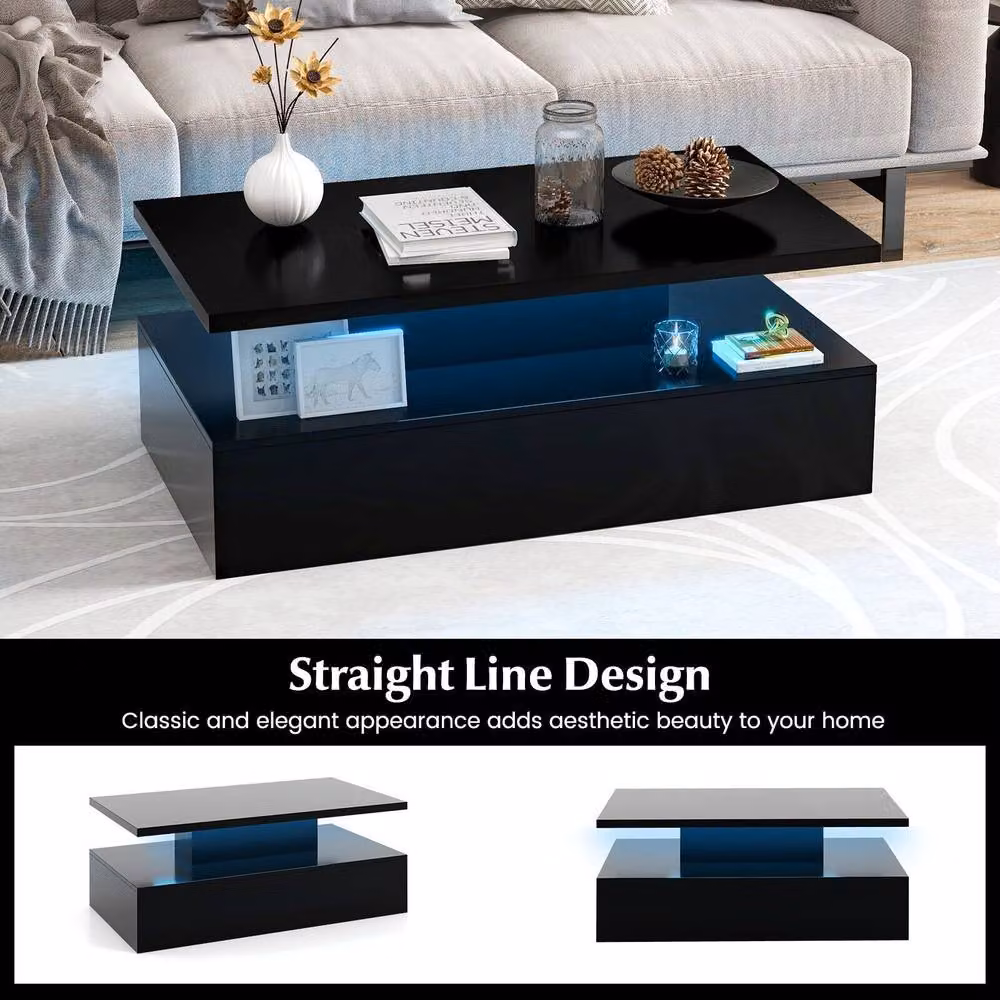 Costway Modern 2-Tier Rectangular Coffee Table with LED Light and Glass Panel in Black – 9