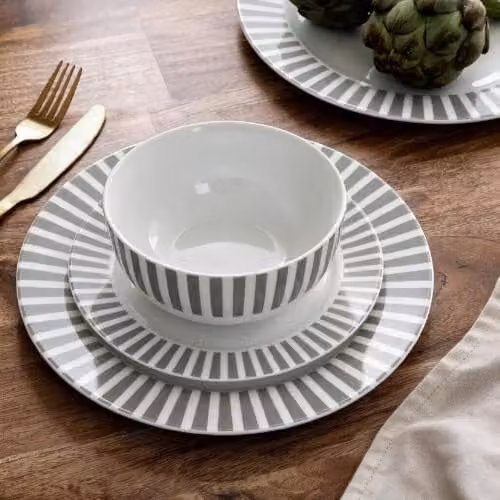 Waterside 12-Piece Grey Striped Porcelain Dinner Set – 3