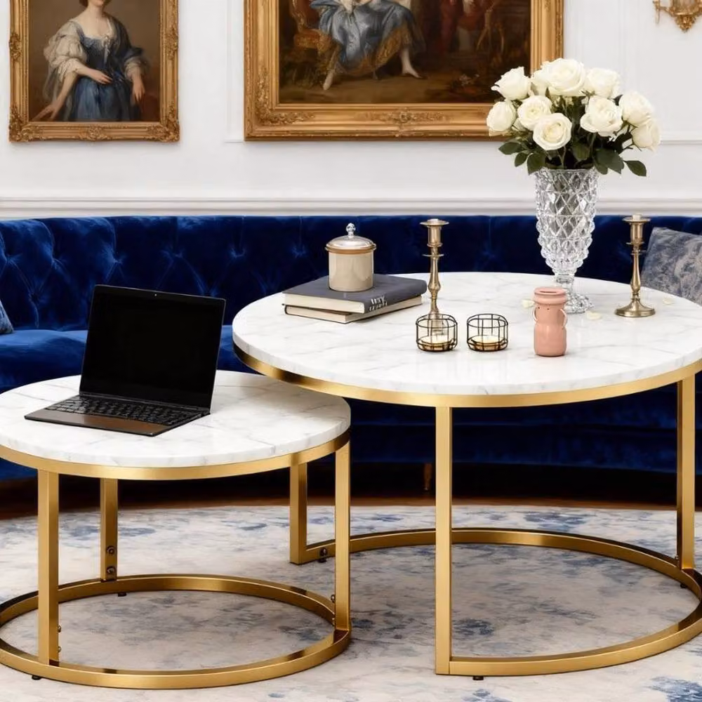 FORGEVIO Set of 2 Round Nesting Coffee Tables in White and Gold – 3